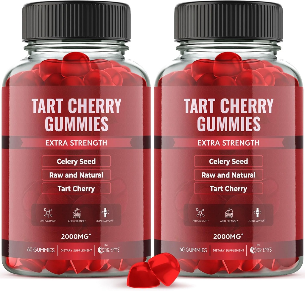 Dr Emy's Tart Cherry Extract 2000mg * Gummy Supplement + Selleri Seed Extract 400mg *, Toores & Natural - Non-GMO - Gluteen ja želatiin Vaba Vegan, Joint Comfort Uric Acid Cleanse