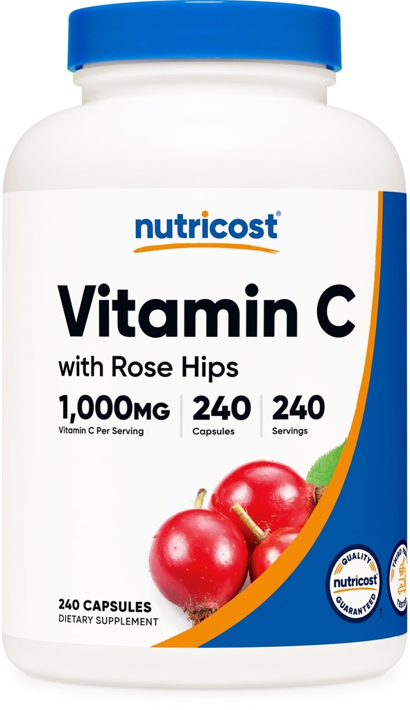 Nutrikost C-vitamiin koos roosidega 1025mg, 240 kapslit - C-vitamiin 1000mg, Rose Hips 25mg, Premium, Non-GMO, Gluteenivaba toidulisand