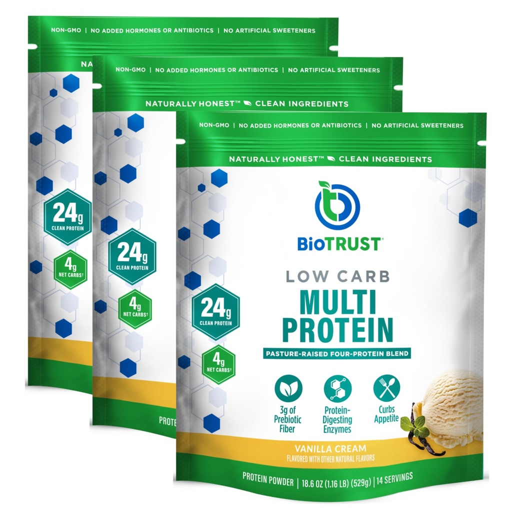 BioTrust Low Carb Protein Pulber – looduslik ja maitsev vadak & kaseiinsegu rohusöödetud hormoonivabadest lehmadest – mitte GMO, sojavaba, gluteenivaba, hormoonivaba (Vanilla, 3-Pack)