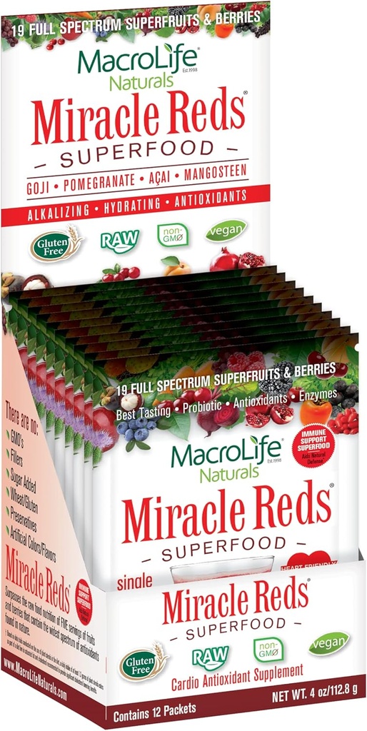 MacroLife Naturals Miracle Reds Superfood Supplement Pulber Antioksüdandid Polüfenoolid Ensüümid Probiootikumid - Toores Mitte-GMO Organic Vegan Gluten & Piimavaba (12 Packet)