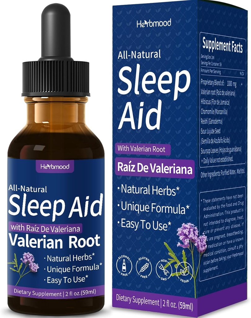 Valerian Root Sleep Support Drops, Gotas de Manzanilla y Flor de Jamaica y Valeriana para Dormir Profundamente, All-Looduslik taimeekstrakt Vedelik Hibiscus & Chamomile. 2oz
