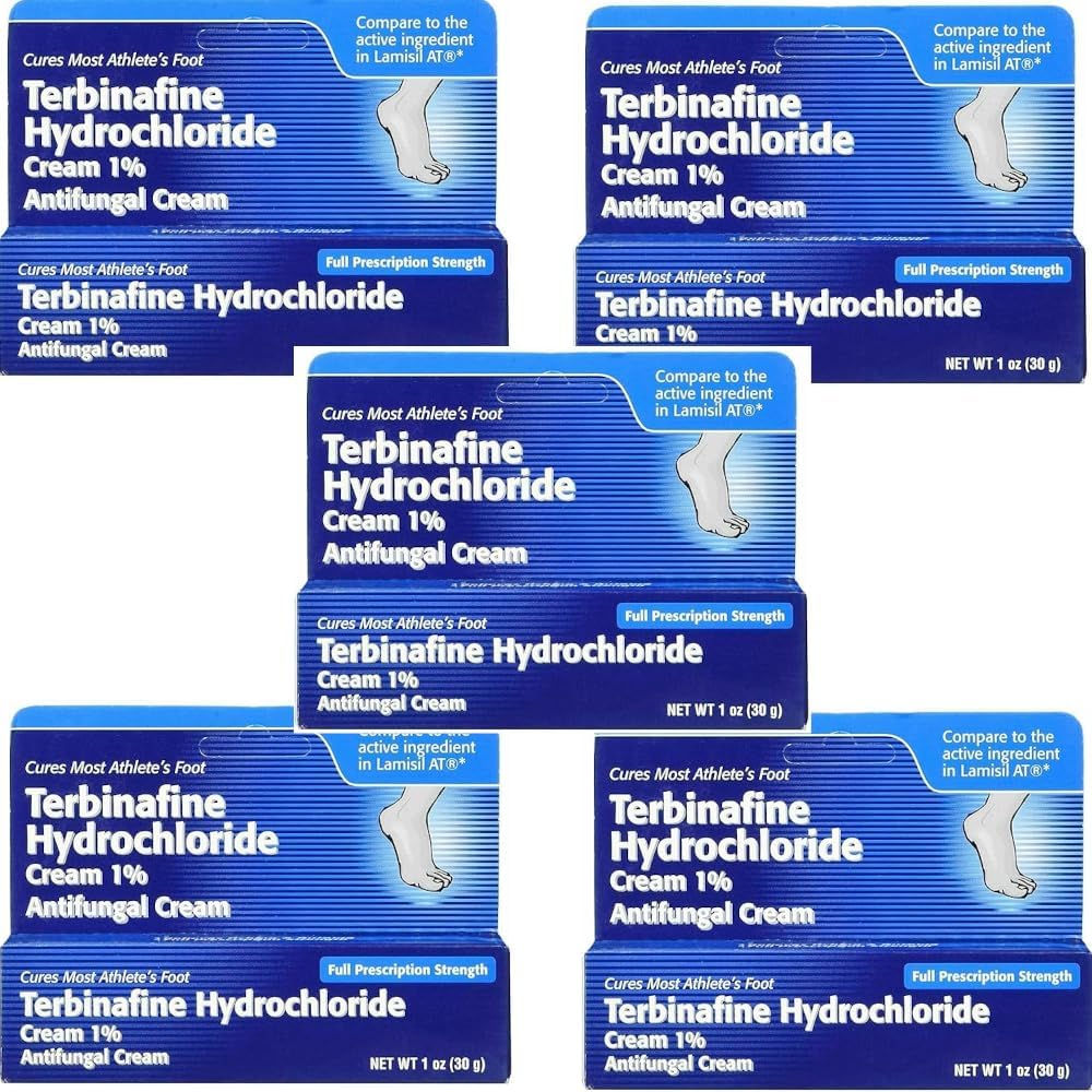 Terbinafiinvesinikkloriid 1% 1 nädala sportlase jalahooldus Kopsukreemi kiire sümptomite leevendamine & takistab kordumist 1 oz. (30 g) 5 pakendis