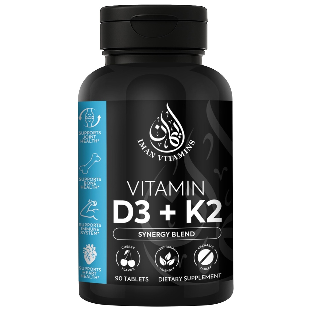 Halal Vitamiin D3 koos K2 närimistablettidega - Vitamiin D 2000 iu + Menakinoon-7 (MK7) | Toetab südame tervist, luude ja lihaste tervist | 90 meeste ja naiste loend