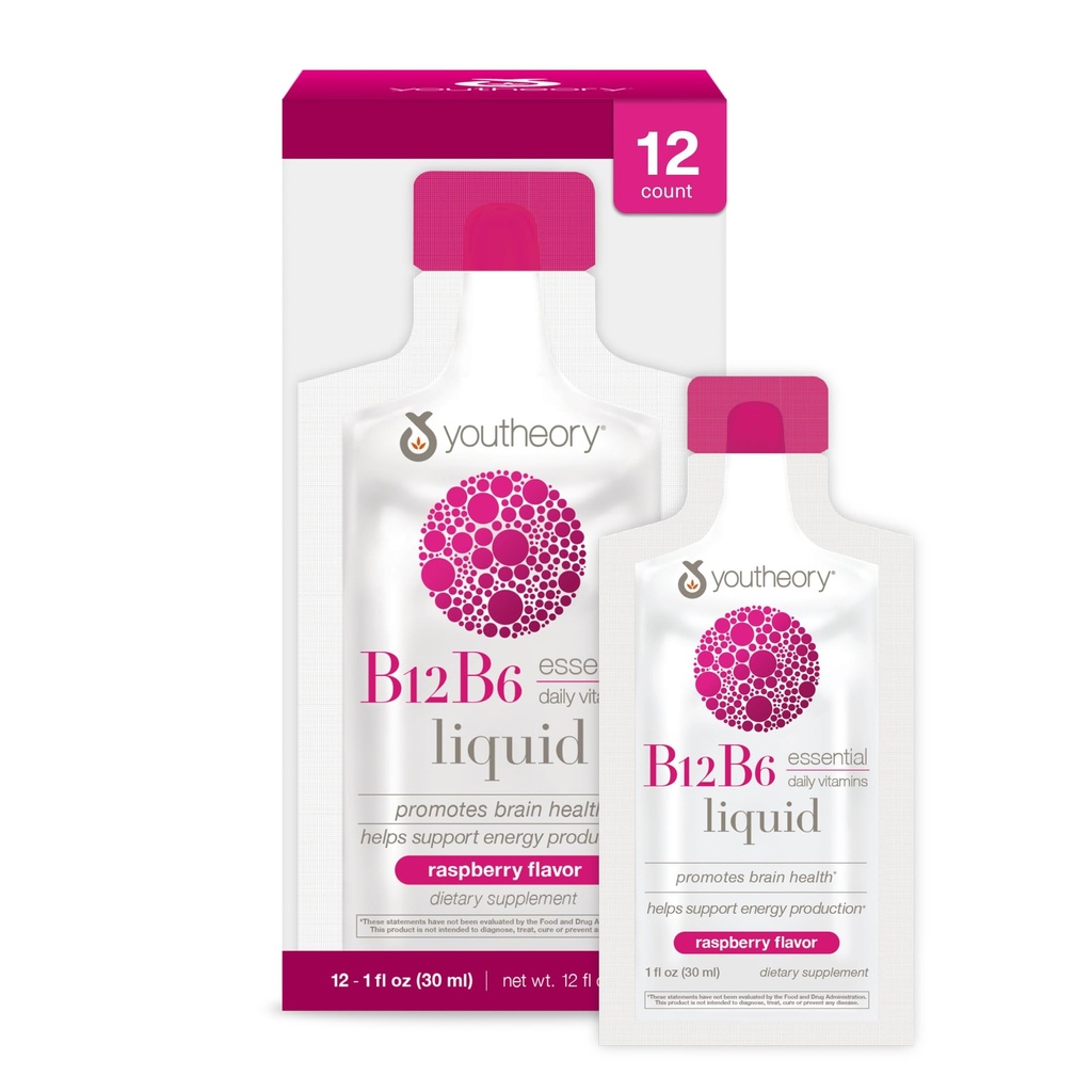 Youtheory Vitamiin B12 B6, Daily Energy and Brain Support Supplement, Vedel Vaarika Maitse, 12-1oz Single Serving Packes