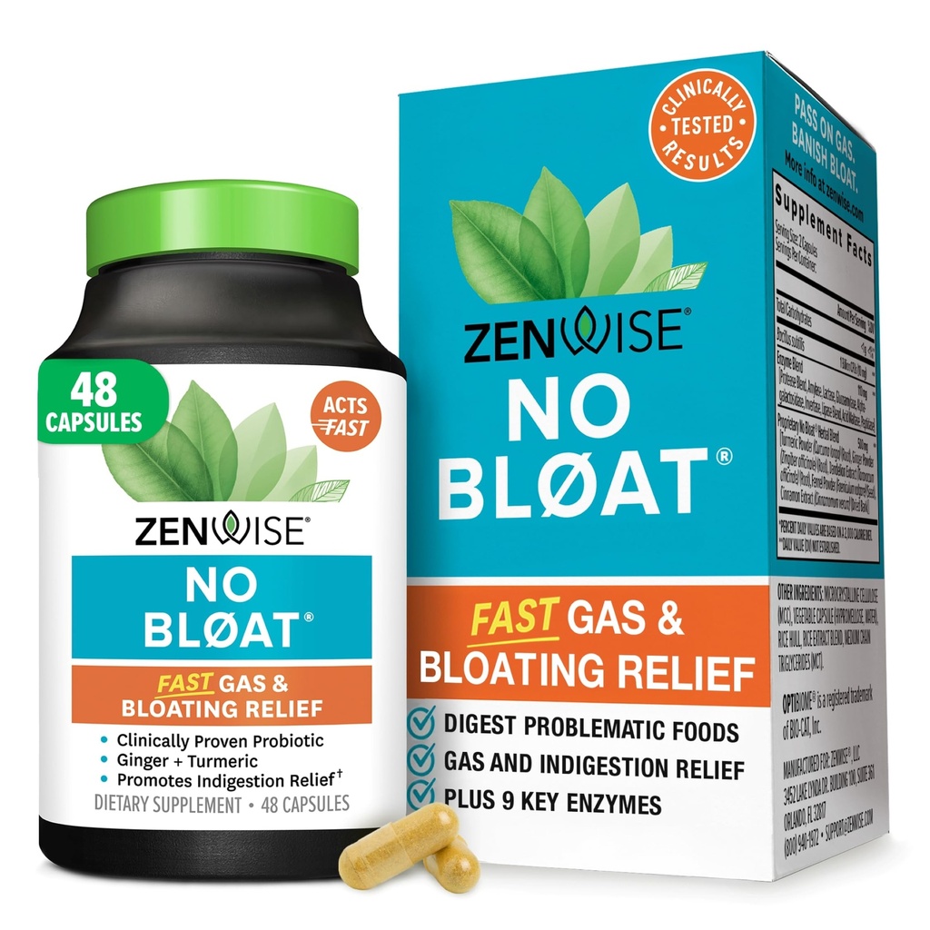 Zenwise Health No Bloat Seedeensüümid Soolestiku Tervise, Gaasi Ja Puhumise Abiks - Multi Ensüümid Seedetrakti Täiendus Probiootikumid, Ingver, Kurkum Dandelion & Laktaasi - Mehed Ja Naised - 48 Count