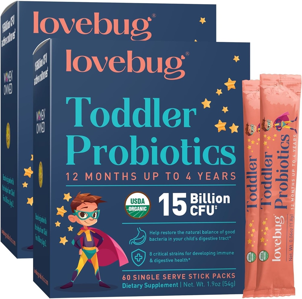 LOVEBUG Kids Probiootiline pulber prebiootiliste kiudainetega - väikelaste immuunsuse toetamine ja kõhukinnisuse leevendamine - USDA orgaanilised probiootikumid lastele soolestikule ja seedetrakti tervisele (vanused 1-4) - 60 pakendit (maitsestamata)