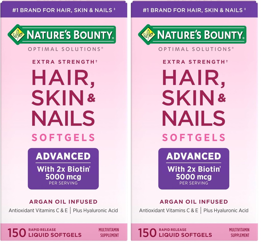 Nature's Bounty Advanced juuksed, nahk ja küüned, Argan-infundeeritud vitamiinilisand biotiini ja hüaluroonhappega, 150 kiire vabanemisega softgels (pakk 2)
