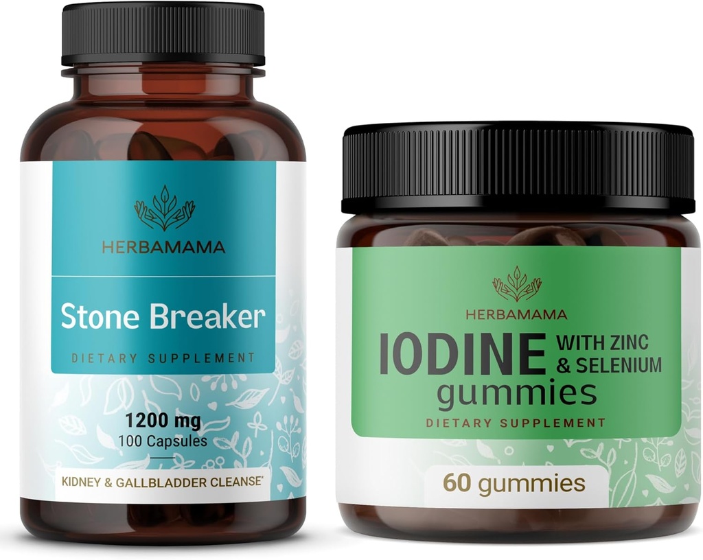 HERBAMA Kivimurdja ja joodikomplekt - 1200 mg kivimurdja kapslite ja kaaliumjoodikumiin - Vegan, mitte-GMO, želatiinivaba - 2 pakendit