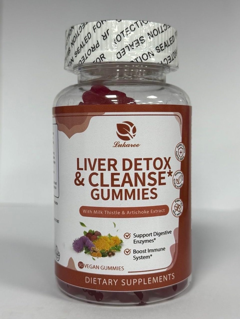 Lukaree Maks Puhasta Detox & Remont Gummies - Piimaohakas Silymarin, Dandelion, Artichoke Extract & Elderberry - No Sugar, Vaarika Maitse - 90 Count