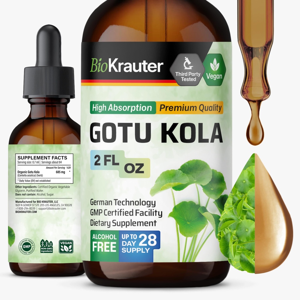 BIO KRAUTER Gotu Kola tinktuur - Centella Asiatica ekstrakt - Alkohol ja suhkur Vaba Gotu Kola ekstrakt - Vegan tilgad 2 Fl.Oz.