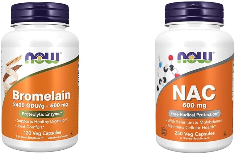 NOW täiendused, Bromelain 2400 GDU / g - 500 mg, looduslik proteolüütiline ensüüm *, 120 Veg kapslid ja toidulisandid, NAC 600 mg Seleeni ja molübdeeniga, 250 Veg kapslit