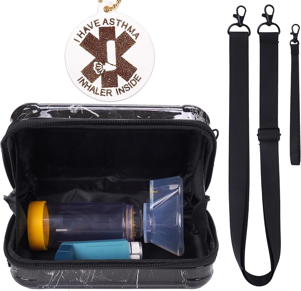 MGZNMTY Travel Carrying Case for astma inhalaator, Inhaler Spacer lastele ja täiskasvanutele, maskid, Hoidja kott õla Ristkeha Rope ja võrgutasku meditsiin (ainult juhul) (must marmor)