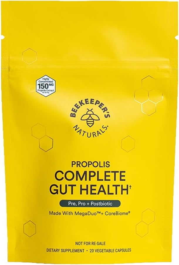 Mesiniku Naturals Täielik soolestiku tervis, 3-in-1 prebiootikum, postbiootikum, probiootikumid seedetrakti tervise ja puhituse leevendamiseks naistele ja meestele, Propolis Powered, Gluteenivaba Vegan Kapslid, 20ct