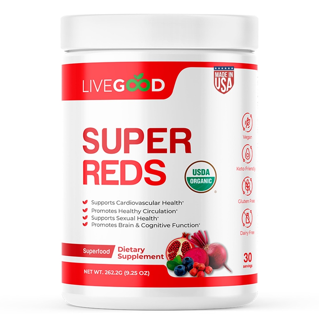 LIVEGOODTM Organic Super Reds with Alfalfa, odrahein, peedijuur, granaatõuna, viinamarjaseemned, Vegan, Gluteenivaba, 9.25 Oz