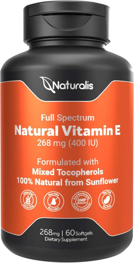 Naturalis Päevalille Vitamiin E 268mg (400 RÜ) segatud tokoferoolidega | Oluline nahavitamiin ja immuunsuse tugi | Mitte-GMO, Soja & Gluteenivaba | 60 Softgels