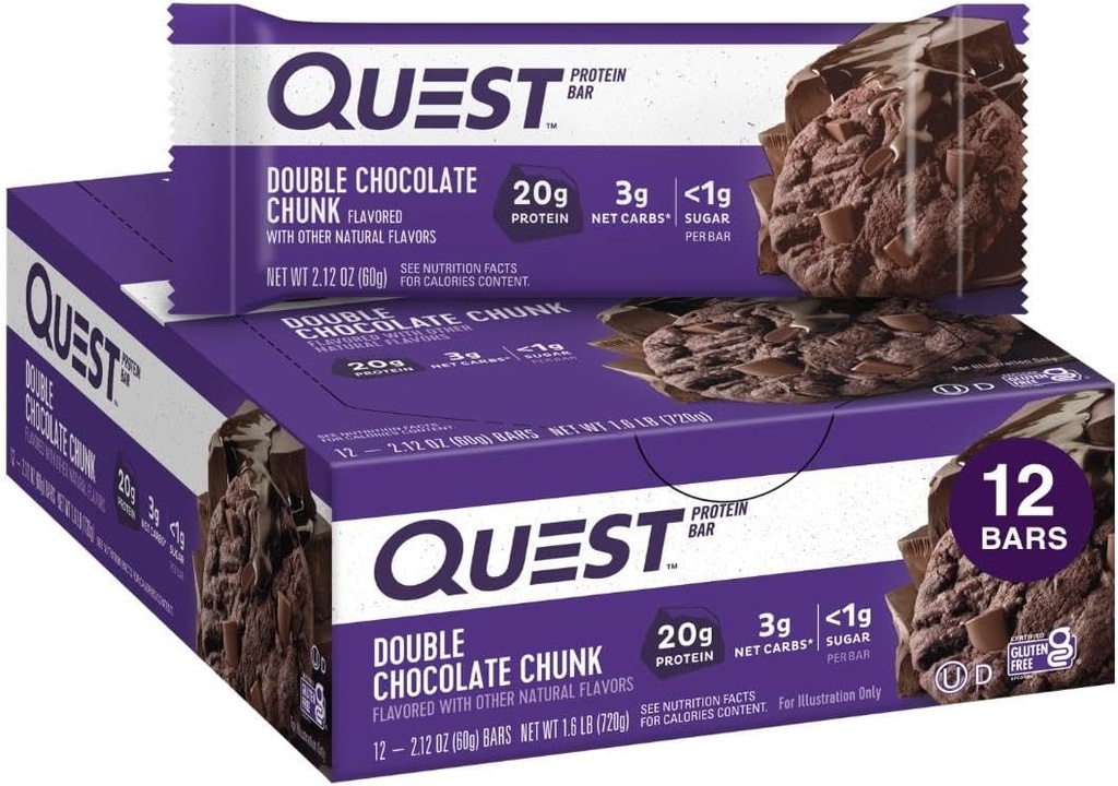 Quest Nutrition Double Chocolate Chunk Protein Bars, 20 g Protein Bars, 1 g Suhkur, 4 g Net Carb, Gluteenivaba, Keto Sõbralik, 12 Count