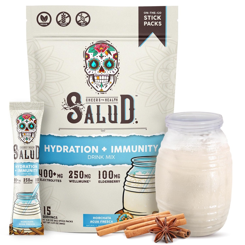 Salud 2-in-1 hüdratsioonipaketid + immuunsus elektrolüütide pulber, Horchata - Agua Fresca joogisegu, leedrimarja, piimatoodete ja sojavaba, GMO-vaba, vegan, madala kalorsusega, 1 g suhkur (15 serveerimist)