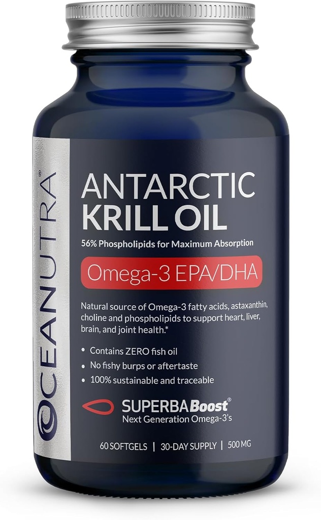 Looduslik püütud Antarktika krillõli 500MG, 60 Softgels, SuperbaBoost Omega 3 täiendus, EPA & DHA, astaksantiin, koliin, 56% fosfolipiidid, jätkusuutlik, jälgitav, ilma kalaõli, Vanilje maitse