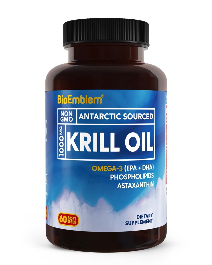 BioEmblem Antarktika krillõli lisand | 1000mg | Omega-3 õli kõrge EPA + DHA, astaksantiin ja fosfolipiidid | Kalade järelmaitse | 60-Count Non-GMO Softgels