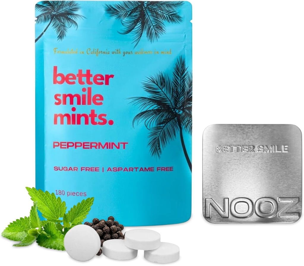 NOOZ Better Smile Mints – 180 Count | Oral Health & Fresh Breath Support | Gum & Hammaste hooldus, pH tasakaal | Suhkruvaba, aspartaamivaba | Piparmündi maitse | Sisaldab Premium korduvtäidetavat tinast