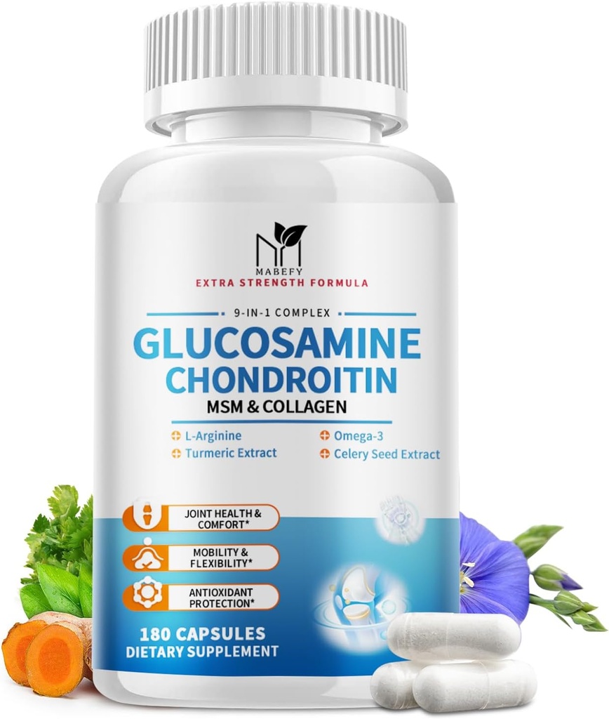 Glükoosamiin Kondroitiin MSM kapslid, glükosamiin 1500mg kollageeniga, kurkum, liigeselisandid meestele, 180 kapslit