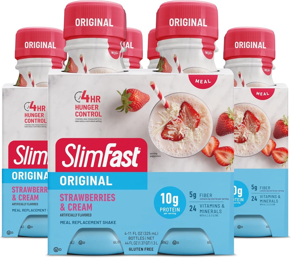 SlimFast Meal asendamine Shake, Original Strawberries & Cream, 10 g valmis juua valku kaalulangus, 11 Fl. Oz pudel, 4 loend (pakend võib varieeruda)