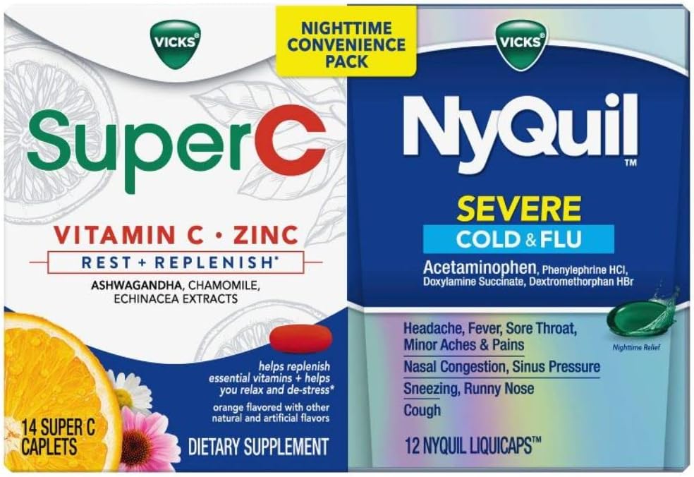 Vicks NyQuil ja Super C mugavuspakett: NyQuil raske ravim Max tugevuse külma ja gripi leevendamiseks, mugavalt pakitud Vicks Super C puhkuse ja täiendamise päevane täiendus, 26ct