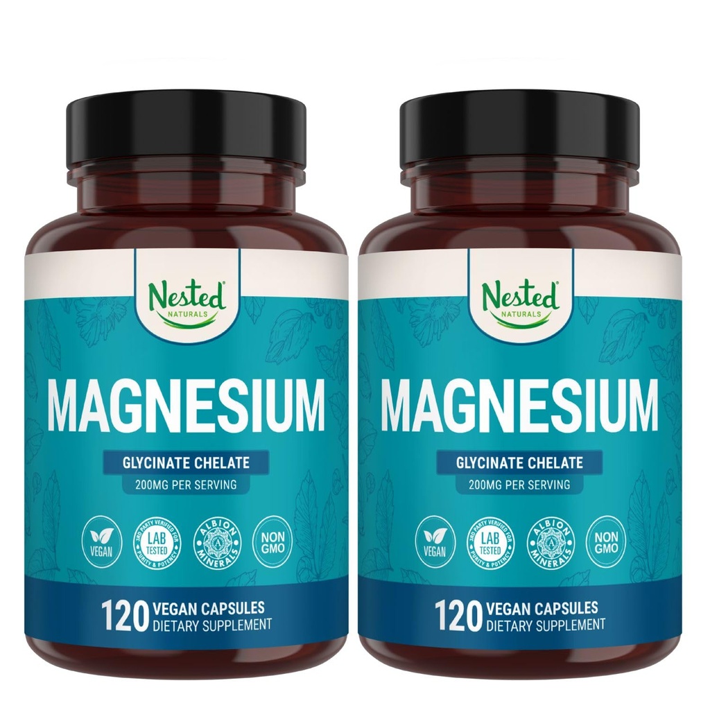 Nested Naturals Magneesium Glycinate Chelate - 200mg Kelateeritud Magneesiumilisa lihaskrampide, lõõgastuse ja unetugi - 100% Albion TRACCS puhverdatud magneesiumglütsinaat - 240 vegankapslit