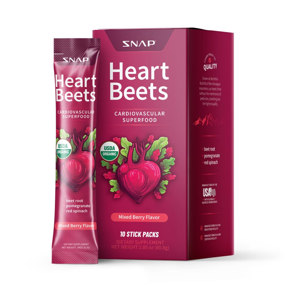 Snap Supplements Heart Beets Stick Packs, Orgaaniline peedi juure pulber joogisegu, südame-veresoonkonna toetus meestele ja naistele, peet, granaatõunad ja punane Spinach, lämmastikoksiidi võimendaja, segatud marja, 10 serveerimist