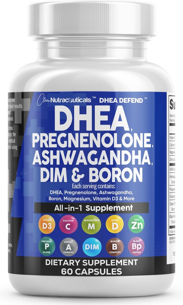 DHEA 200mg Täiendus Pregnenolone 100mg meestele ja naistele DIM Ashwagandha Boor 6mg Kompleks Kaltsium Magneesium Tsink 50mg Vitamiin D3 5000 IU Hormooni tugikapslid Made in USA 60 Count