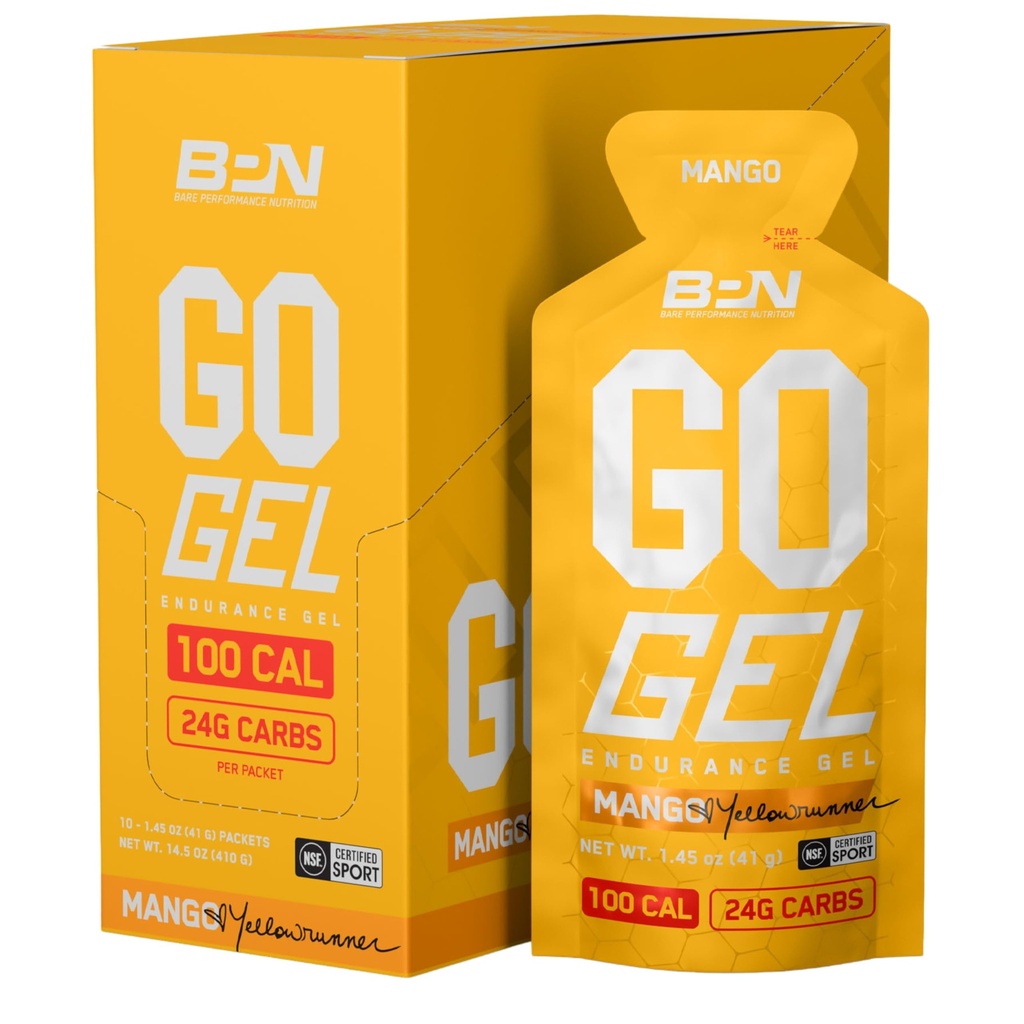 BPN Go Gel Endurance, 24 g süsivesikuid ja 100 kalorit pakendi kohta, Vegan + gluteenivaba jooksugeel, 10 ühekordselt kasutatavat pakendit, Mango