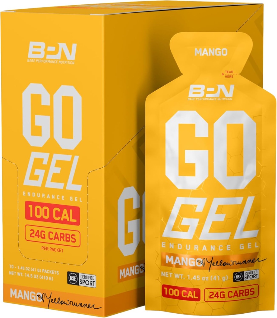 BPN Go Gel Endurance, 24 g süsivesikuid ja 100 kalorit pakendi kohta, Vegan + gluteenivaba jooksugeel, 10 ühekordselt kasutatavat pakendit, Mango