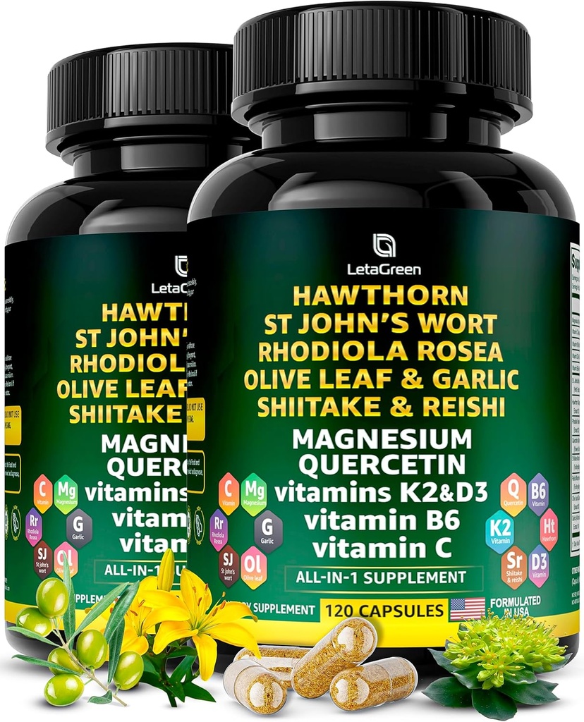 Orgaaniline Hawthorn Berry kapslid - Hawthorn Berry koos St Johns Wort Rhodiola Rosea Olive Leaf Shiitake Reishi Seene Quercetin & Vitamiin C, D3, K2, B6 & Magneesium (240 Count)