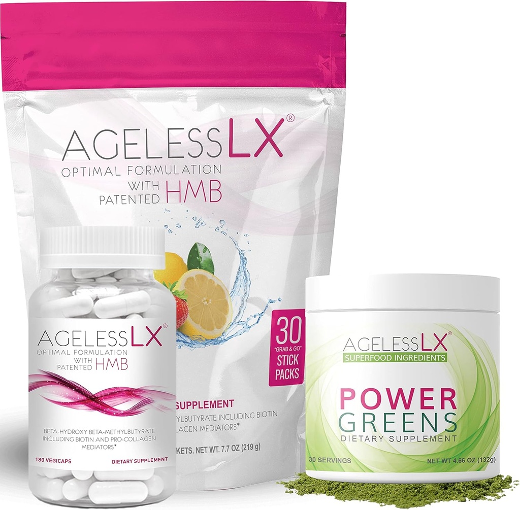 AgelessLX Biotin Supplement kapslid, maasikas Lemonade & Power Greens Powder Bundle - Anti vananemist toidulisandeid