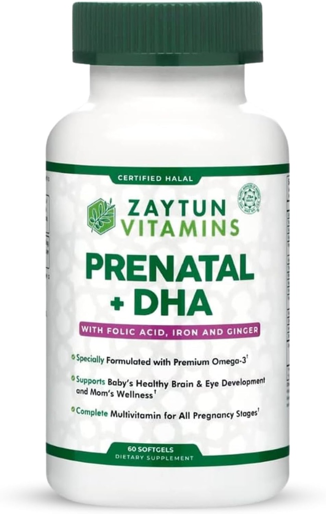Halal Prenatal Vitamins + DHA, Folic Acid Iron, Ginger for Soothing, One Daily, for All Pregnancy Stages, Gluten Free, Non-GMO, 60 Softgels, 2 Months Supply, USA Made, Halal Vitamins