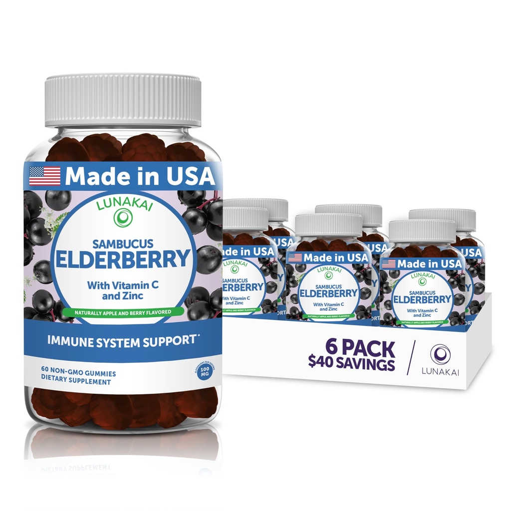 Lunakai Sambucus Elderberry Gummies koos tsingi ja C-vitamiini täiskasvanutele ja lastele - 100mg Black Elderberry Vitamiinid Immune Support Supplement - Vegan, Non-GMO, No Corn Syrup - 6 Pack