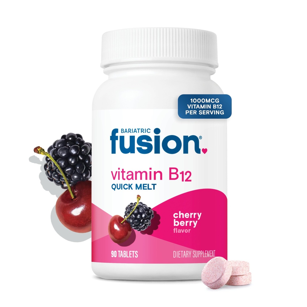 Bariaatriline Fusion Vitamiin B12 Sublingvaalne 1000 mcg sulab | Kirsimarjamaitseline | Vitamiin B12 lahustub keele all foolhappega | Suhkruvaba | Metüülkobalamiin | 90 loend