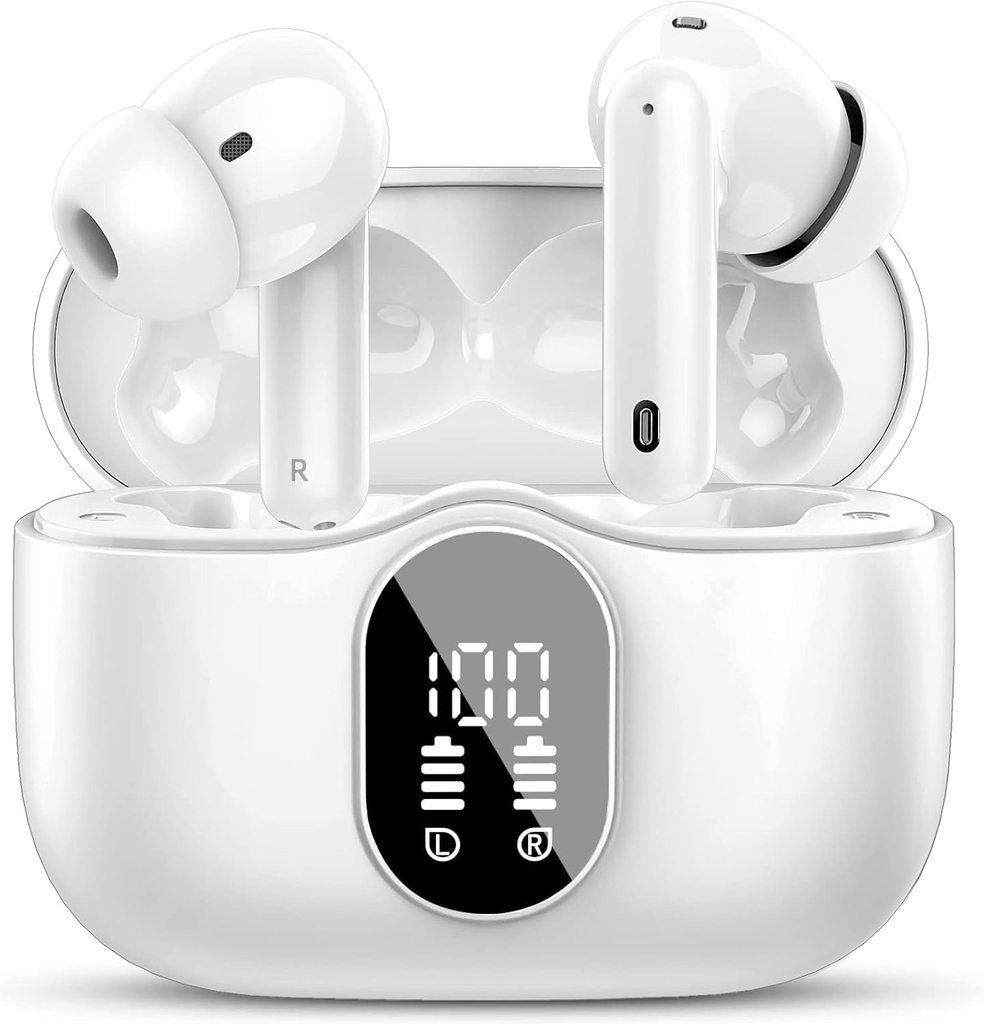 Btootos Wireless Earbuds Bluetooth 5.4 Kõrvaklapid Bass Stereo Kõrva pungad müra tühistamine Mic LED Display kõrvaklappides IP7 Veekindel 36H Mänguaeg sülearvuti Pad Telefonid Sport Treening valge