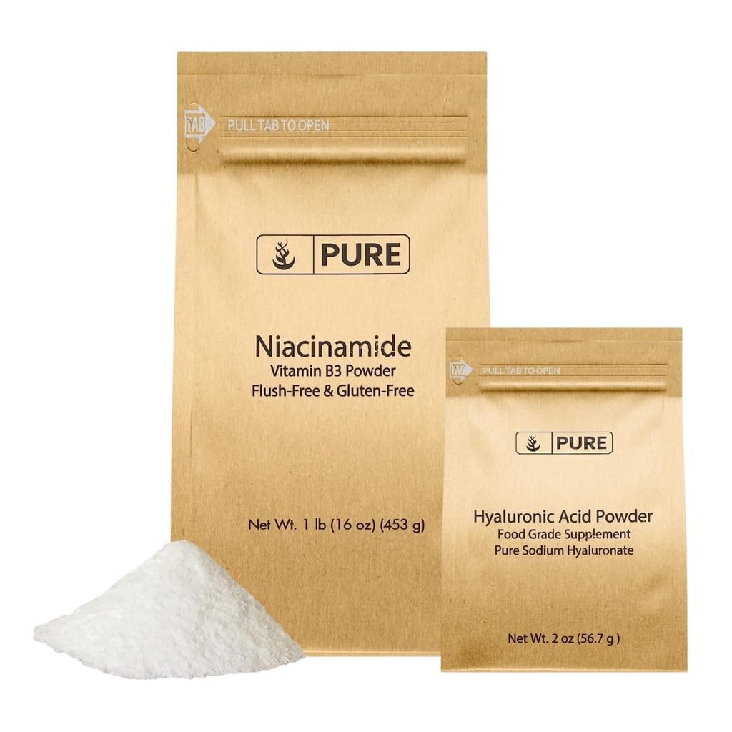 Puhtad ORIGINAALSED KOOSTISOSAD Hüaluroonhape (2 oz) ja niatsiinamiid (1 lb) Komplekt, loputusvaba, peen pulber