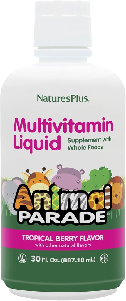 NaturesPlus Animal Parade Eluallikas Laste vedelad multivitamiinid - Troopiline marjamaitse - 30 fl oz - Terve toidulisand - Taimetoitlane, gluteenivaba - 60 serveerimist