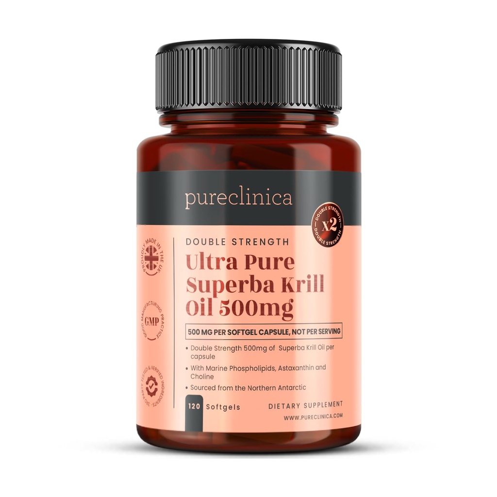 Ultra Pure Superba Krill Oil 500mg x 120 Kapslid - hangitud Antarktika saastumata vetest, pakkudes rikkalikku varu astaksantiini, oomega 3 ja D-vitamiini