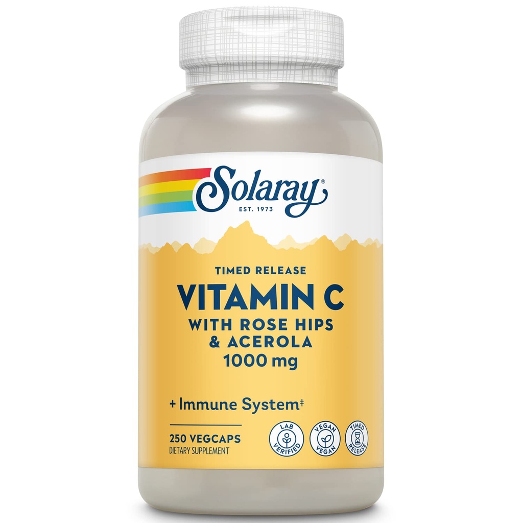 SOLARAY C-vitamiin Rose HIPS & Acerola | Kaheastmeline ajastatud vabastav valem | 1000mg | 24-tunnine immuuntoetus ja antioksüdandid | 250 Ct.