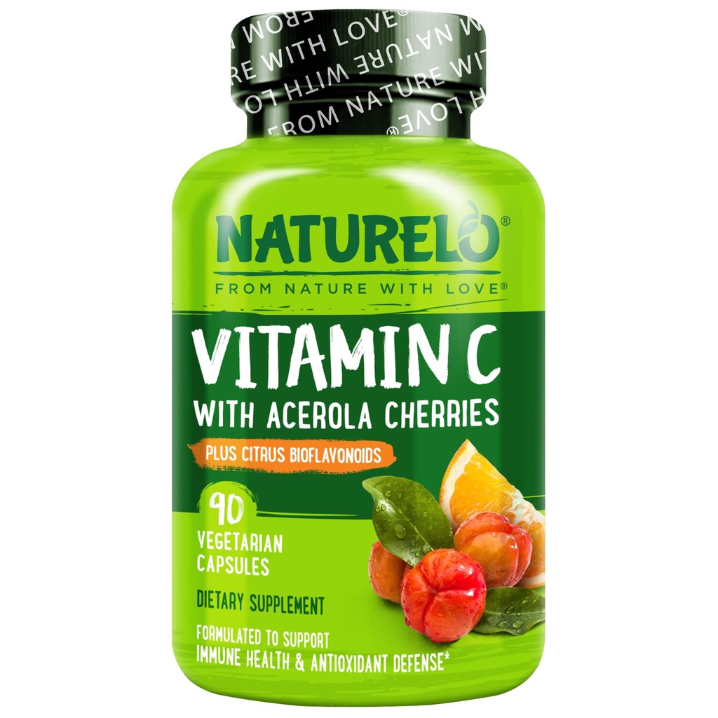 NATURELO Vitamin C with Organic Acerola Cherry Extract and Citrus Bioflavonoids - Vegan Supplement - Immune Support - 500 mg VIT C per Cap - Non-GMO - 90 Capsules