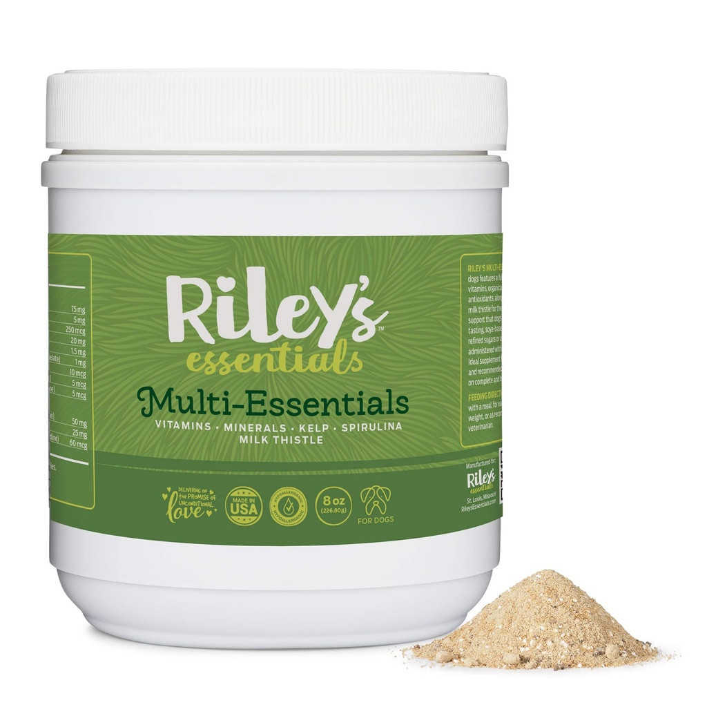 Riley multi-Essentials Multivitamiinid koertele - Vitamiinid, mineraalid, Spirulina, Kelp ja piimaohakas toitumisalaseks toetuseks - Kutsikas ja vanem koer Vitamiinid - 8oz Pulber