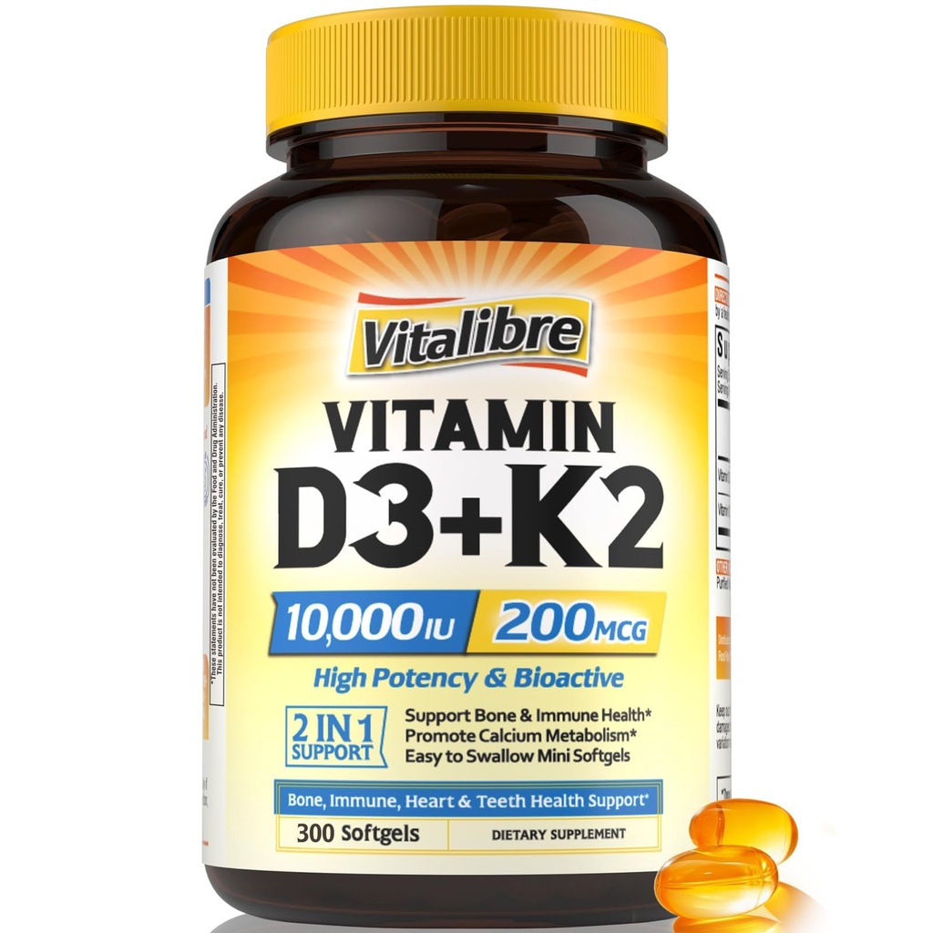 Vitamiin D3 K2 täiendus, 10000 IU D3 / 200 mcg K2 MK7, kaltsiumi imendumine, luu, süda, immuun- ja meeleolutoetus, tõhustatud imendumine, soja, lihtne neelata, 300 Softgels