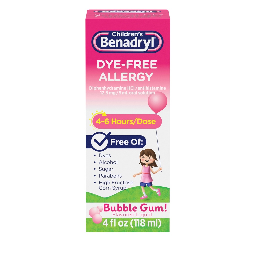 Laste Benadryl Dye- Free Allergy Relief Vedelik + 12, 5 mg Difenhüdramiin HCl, Antihistamiini allergia Meditsiin lastele aitab leevendada Runny Nina & aevastamine, Bubble Gum Flavor, 4 fl. oz
