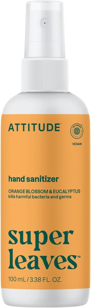 ATTITUDE Hand Sanitizer Spray täiskasvanutele ja lastele, EWG verifitseeritud, tapab bakterid ja bakterid, Vegan, Orange Blossom & Eucalyptus, 3.38 Fl Oz (Spray Bottle)
