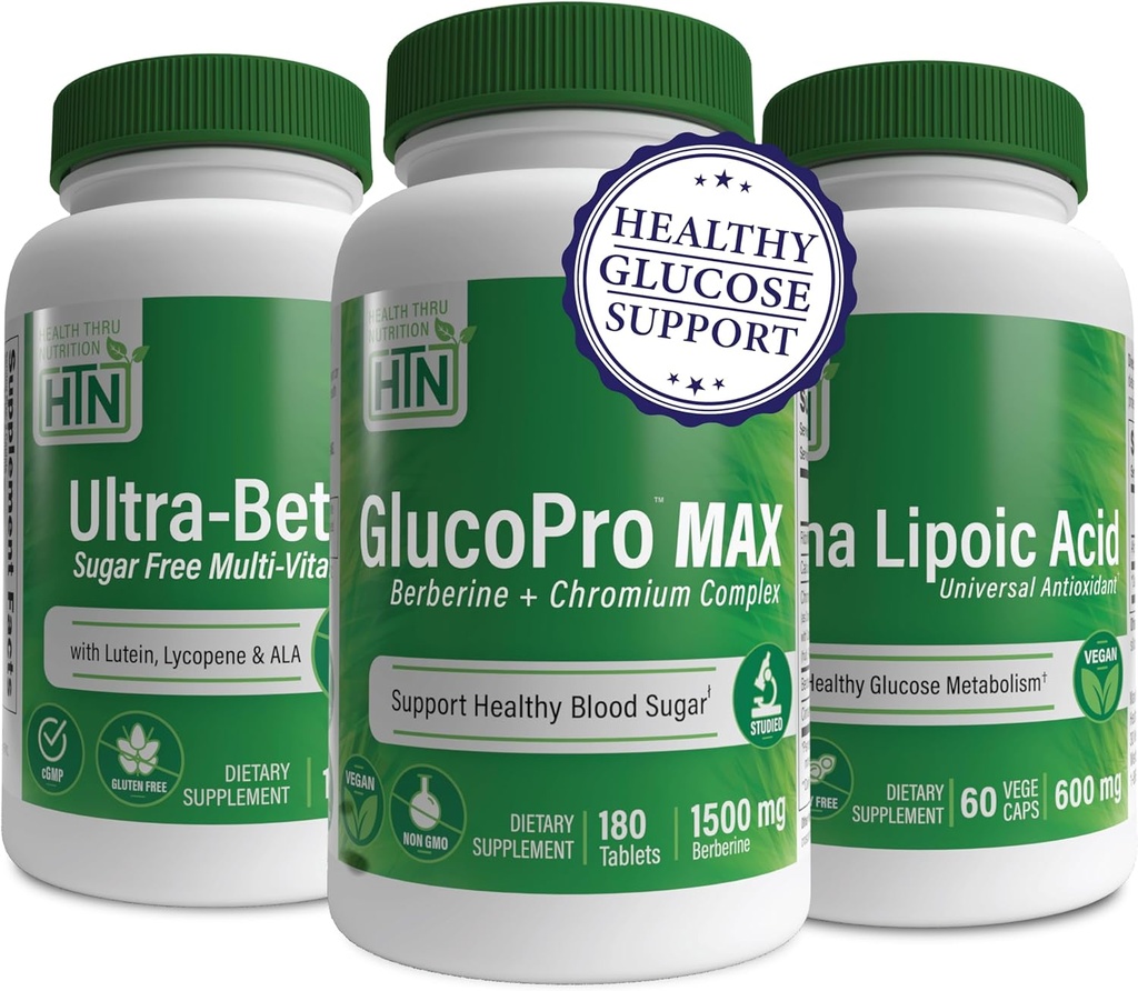 Tervislik glükoos Metabolism Booster Pack sisaldab GlucoPro Max, Alpha Lipoic Acid & Ultra-Betic MultiVitamin