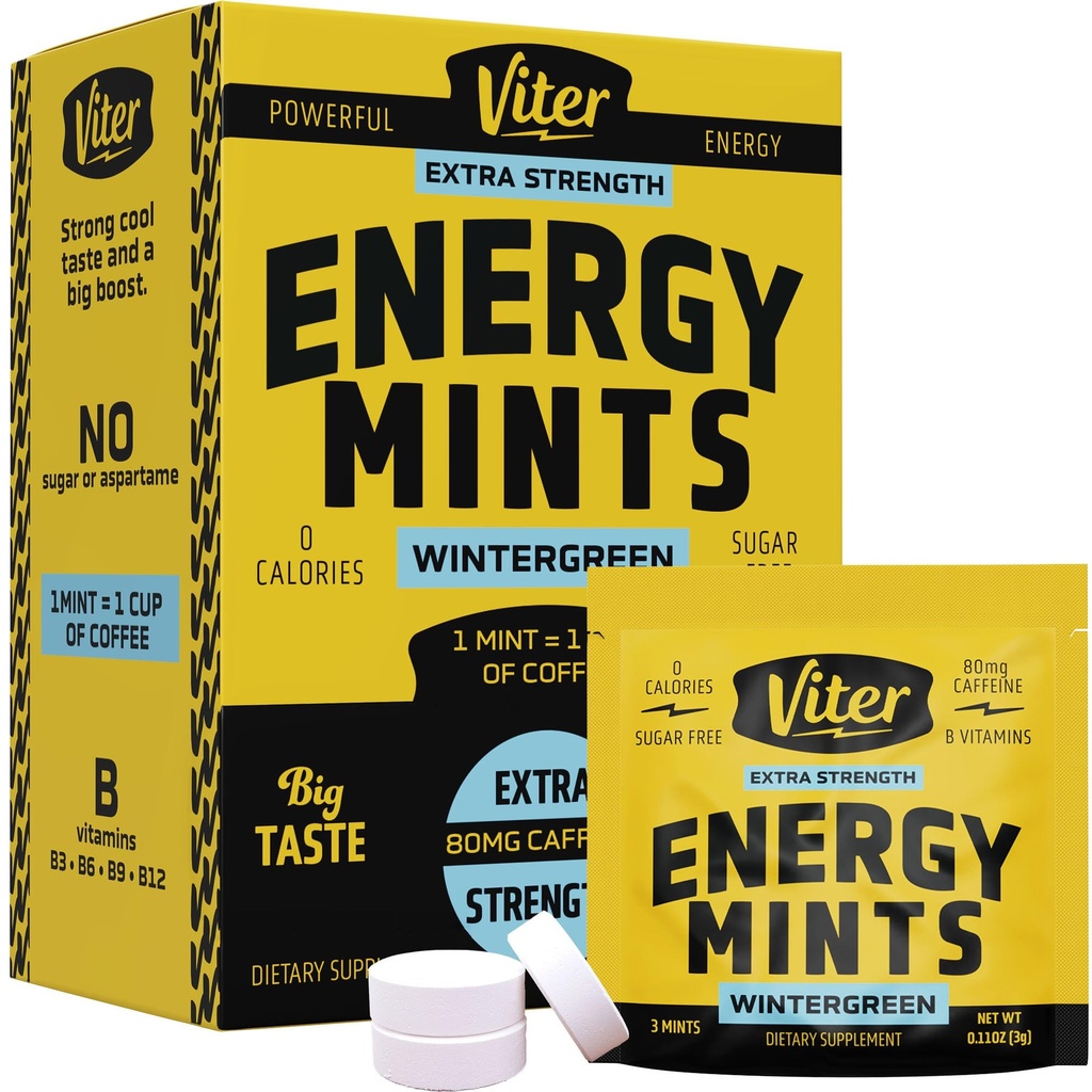 Viter Energy Kofeiin Mints 80mg ekstra tugevus - 90 tükki kofeiiniga B-vitamiine. Sugar Free Vegan Breath Mint. Energize Nootropic Focus Booster kiireks häireks (Talveroheline maitse, 30 Pack)
