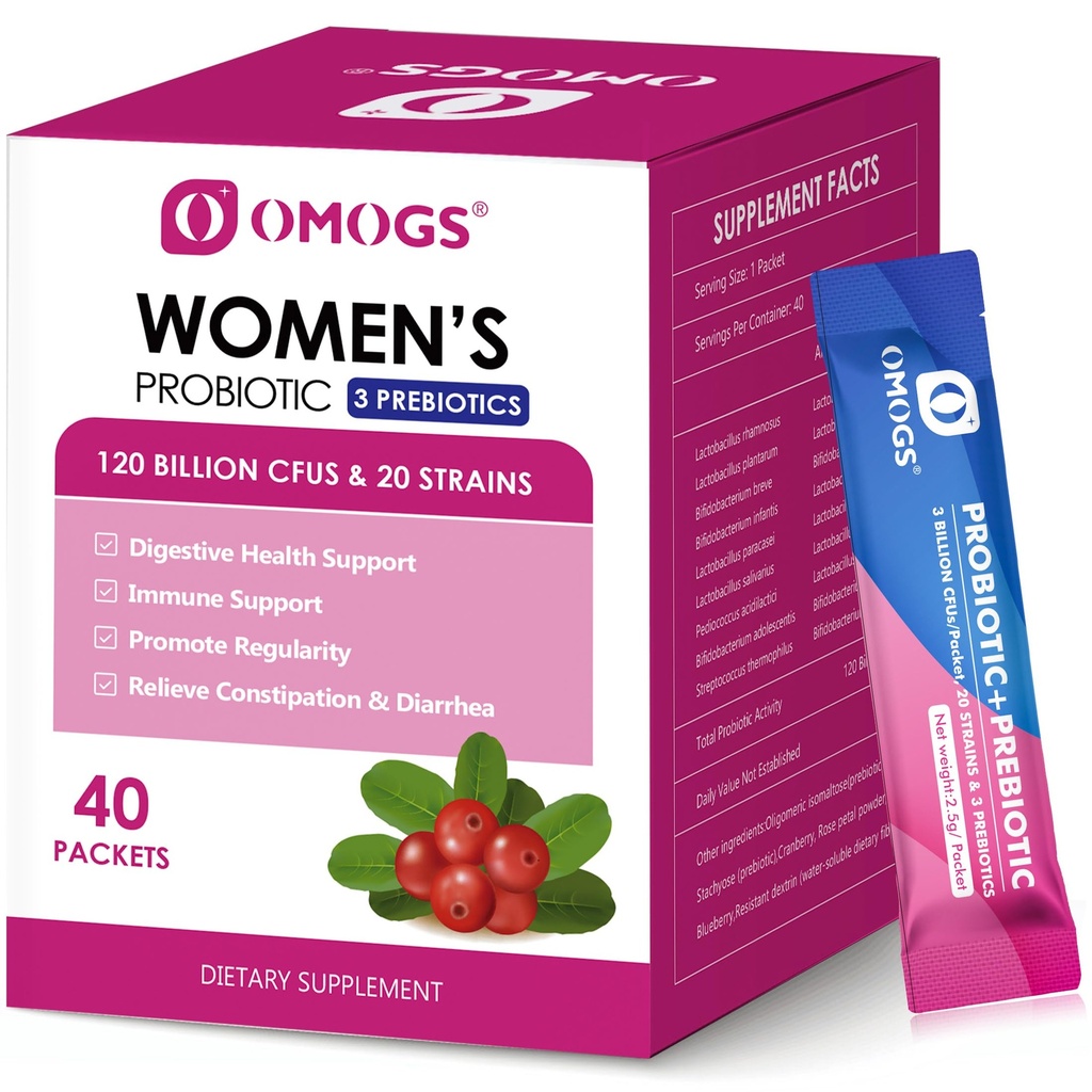 OMOGS Naiste probiootikum, 120-miljardit-CFU-d, 18 tüve, 3 prebiootikumide ja Jõhvikaekstraktiga, abi immuunvõimendajale, seedetrakti tervisele, soolestiku tervisele ja tupe tervisele